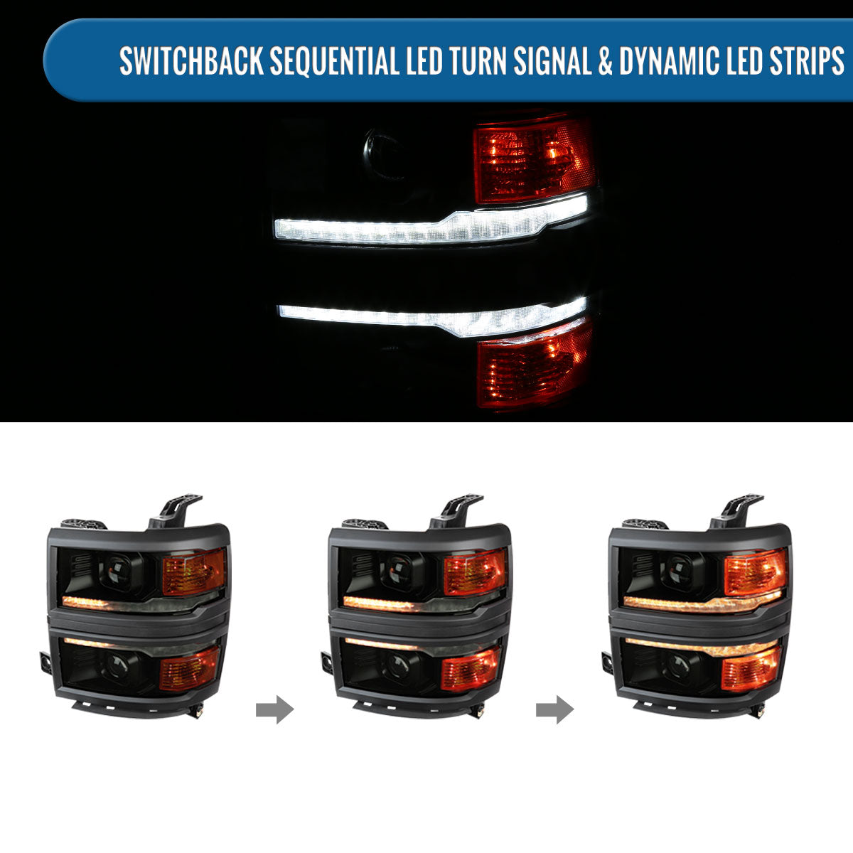 Ronnin - Fits 2014-2015 Chevy Silverado 1500 Upgraded Dual Projector Headlights LED Switchback Sequential Turn Signals + Animated Startup Effect Assembly Pair | Black Smoke
