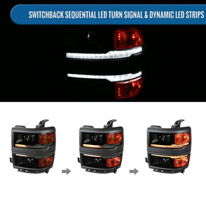 Ronnin - Fits 2014-2015 Chevy Silverado 1500 Upgraded Dual Projector Headlights LED Switchback Sequential Turn Signals + Animated Startup Effect Assembly Pair | Black Smoke