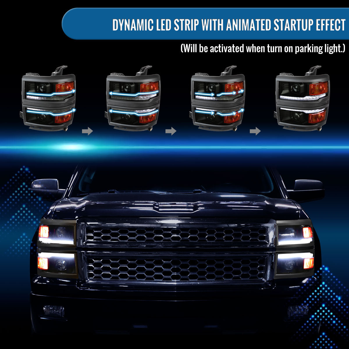 Ronnin - Fits 2014-2015 Chevy Silverado 1500 Upgraded Dual Projector Headlights LED Switchback Sequential Turn Signals + Animated Startup Effect Assembly Pair | Black Smoke