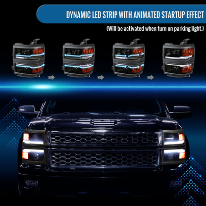 Ronnin - Fits 2014-2015 Chevy Silverado 1500 Upgraded Dual Projector Headlights LED Switchback Sequential Turn Signals + Animated Startup Effect Assembly Pair | Black Smoke
