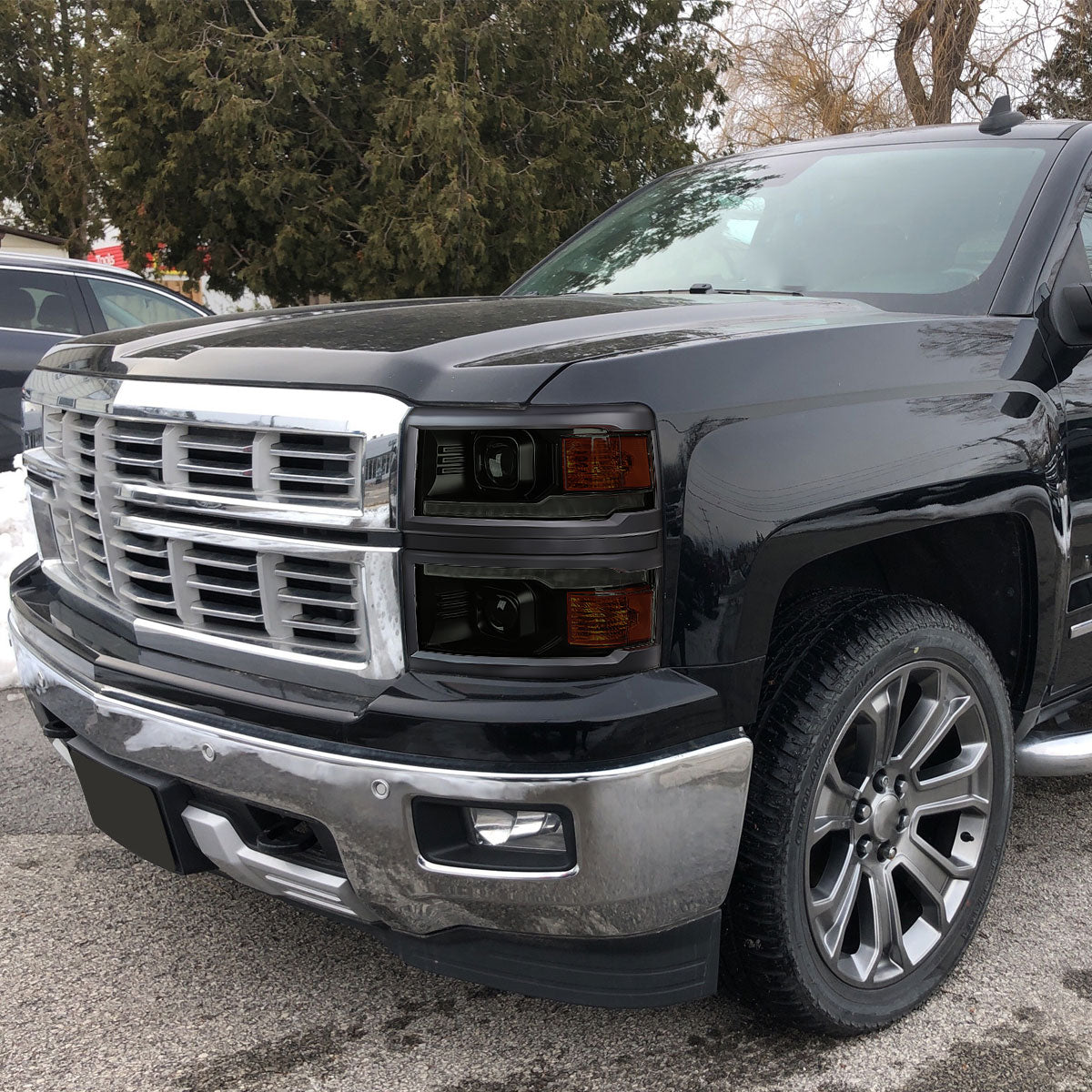 Ronnin - Fits 2014-2015 Chevy Silverado 1500 Upgraded Dual Projector Headlights LED Switchback Sequential Turn Signals + Animated Startup Effect Assembly Pair | Black Smoke