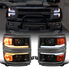 Ronnin - Fits 2014-2015 Chevy Silverado 1500 Upgraded Dual Projector Headlights LED Switchback Sequential Turn Signals + Animated Startup Effect Assembly Pair | Black Smoke