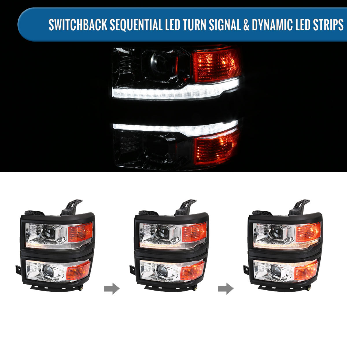 Ronnin - Fits 2014-2015 Chevy Silverado 1500 Upgraded Dual Projector Headlights LED Switchback Sequential Turn Signals + Animated Startup Effect Assembly Pair | Chrome