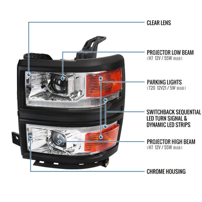 Ronnin - Fits 2014-2015 Chevy Silverado 1500 Upgraded Dual Projector Headlights LED Switchback Sequential Turn Signals + Animated Startup Effect Assembly Pair | Chrome