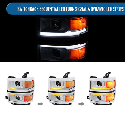 Ronnin - Fits 2014-2015 Chevy Silverado 1500 Upgraded Dual Projector Headlights LED Switchback Sequential Turn Signals + Animated Startup Effect Assembly Pair | White