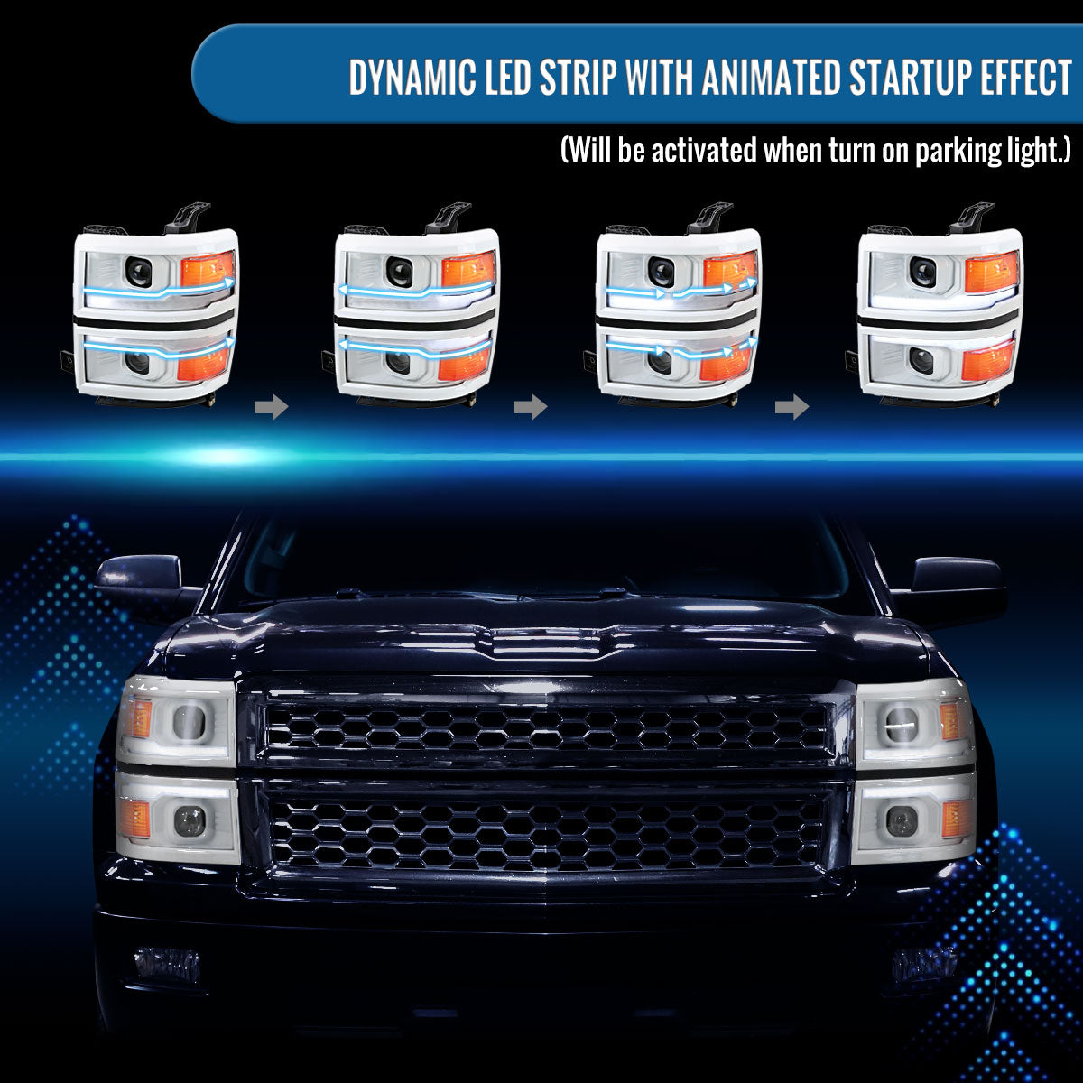 Ronnin - Fits 2014-2015 Chevy Silverado 1500 Upgraded Dual Projector Headlights LED Switchback Sequential Turn Signals + Animated Startup Effect Assembly Pair | White