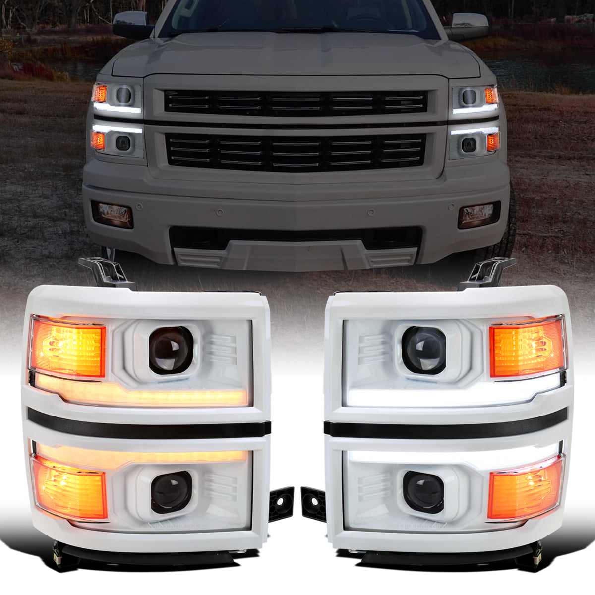 Ronnin - Fits 2014-2015 Chevy Silverado 1500 Upgraded Dual Projector Headlights LED Switchback Sequential Turn Signals + Animated Startup Effect Assembly Pair | White