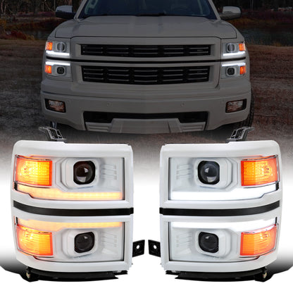 Ronnin - Fits 2014-2015 Chevy Silverado 1500 Upgraded Dual Projector Headlights LED Switchback Sequential Turn Signals + Animated Startup Effect Assembly Pair | White