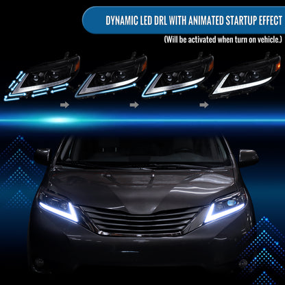 Ronnin - Fits 2011-2020 Toyota Sienna LED Switchback Sequential Turn Signals + Animated Startup Halogen Projector Headlights Assembly Pair | Black