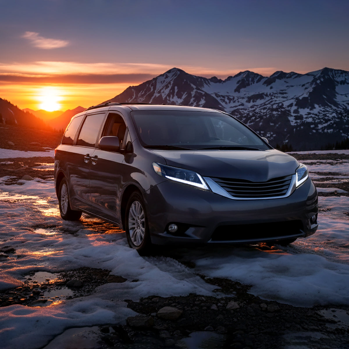 Ronnin - Fits 2011-2020 Toyota Sienna LED Switchback Sequential Turn Signals + Animated Startup Halogen Projector Headlights Assembly Pair | Black