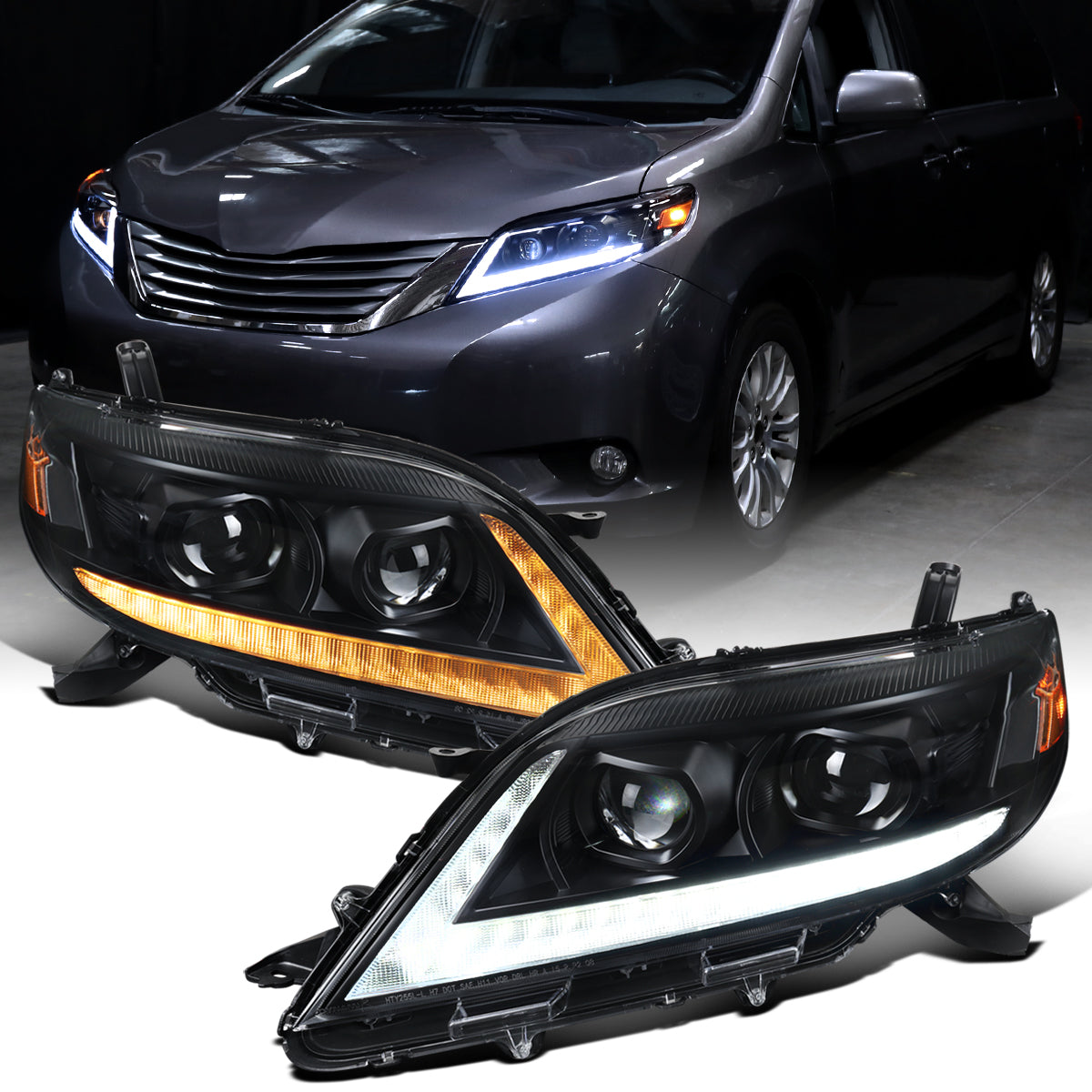 Ronnin - Fits 2011-2020 Toyota Sienna LED Switchback Sequential Turn Signals + Animated Startup Halogen Projector Headlights Assembly Pair | Black
