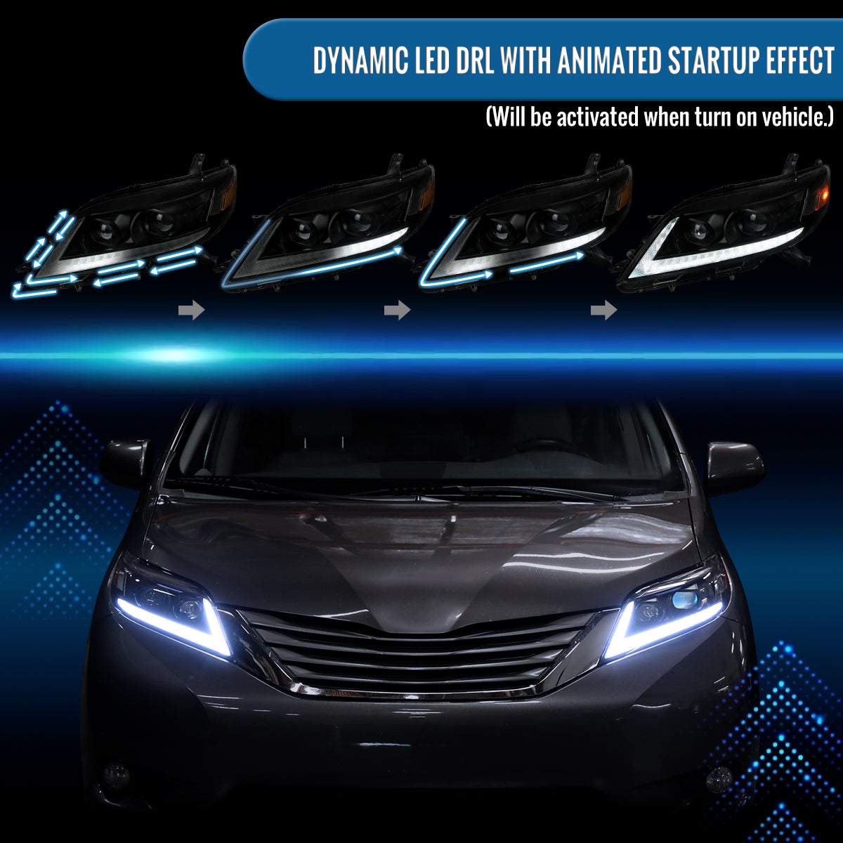 Ronnin - Fits 2011-2020 Toyota Sienna LED Switchback Sequential Turn Signals + Animated Startup Halogen Projector Headlights Assembly Pair | Black Smoke