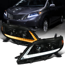 Ronnin - Fits 2011-2020 Toyota Sienna LED Switchback Sequential Turn Signals + Animated Startup Halogen Projector Headlights Assembly Pair | Black Smoke