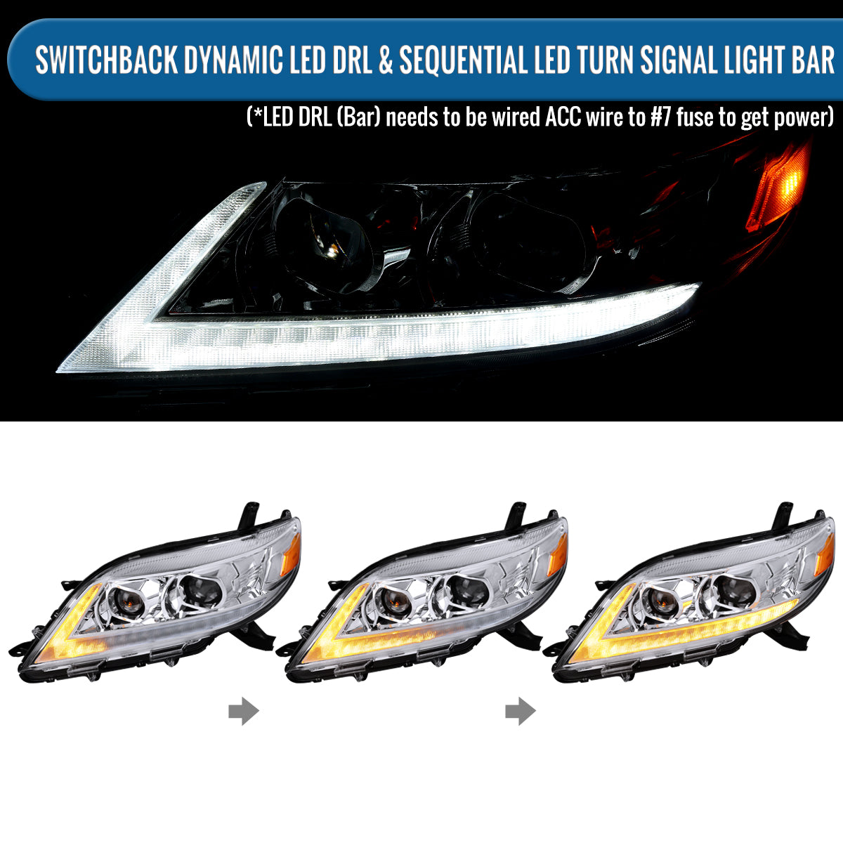 Ronnin - Compatible con Toyota Sienna 2011-2020, Faros delanteros con proyector halógeno, DRL LED secuenciales con intermitentes Switchback y animación de inicio | Cromado