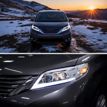 Ronnin - Compatible con Toyota Sienna 2011-2020, Faros delanteros con proyector halógeno, DRL LED secuenciales con intermitentes Switchback y animación de inicio | Cromado