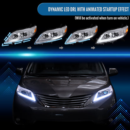 Ronnin - Compatible con Toyota Sienna 2011-2020, Faros delanteros con proyector halógeno, DRL LED secuenciales con intermitentes Switchback y animación de inicio | Cromado