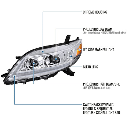 Ronnin - Compatible con Toyota Sienna 2011-2020, Faros delanteros con proyector halógeno, DRL LED secuenciales con intermitentes Switchback y animación de inicio | Cromado