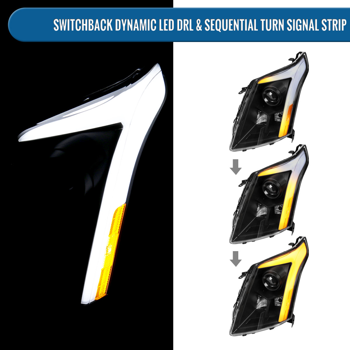 Ronnin - Fits 2010-2016 Cadillac SRX Projector Headlights LED Tube Switchback Sequential Turn Signals + Animated Startup Effect Parking Assembly Pair | Black