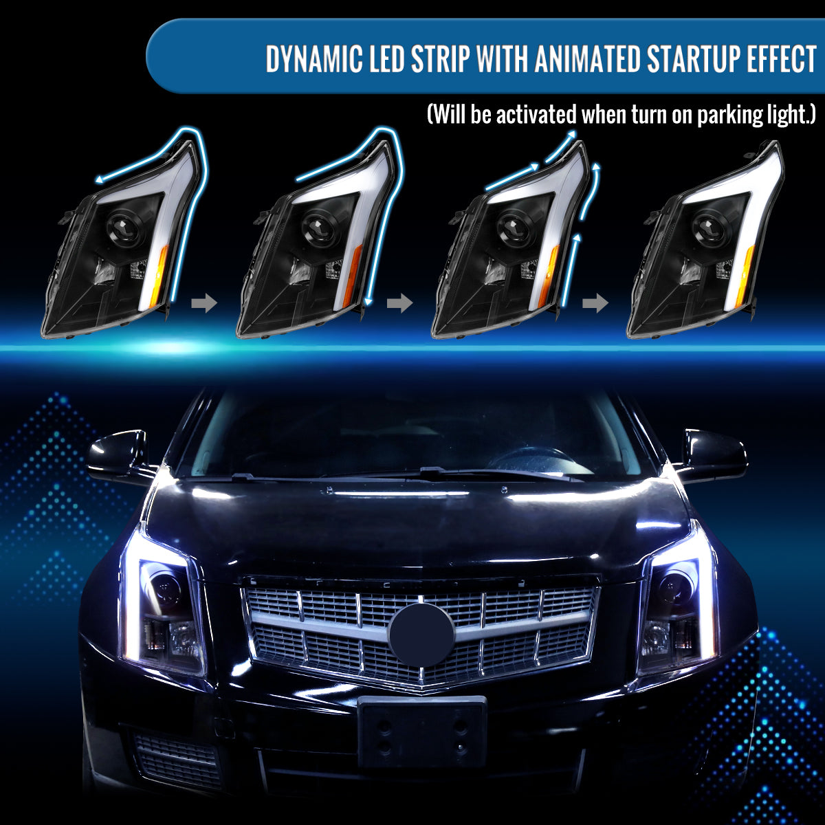 Ronnin - Fits 2010-2016 Cadillac SRX Projector Headlights LED Tube Switchback Sequential Turn Signals + Animated Startup Effect Parking Assembly Pair | Black