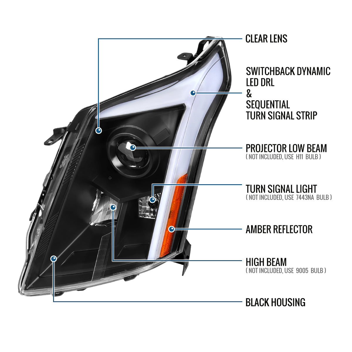 Ronnin - Fits 2010-2016 Cadillac SRX Projector Headlights LED Tube Switchback Sequential Turn Signals + Animated Startup Effect Parking Assembly Pair | Black