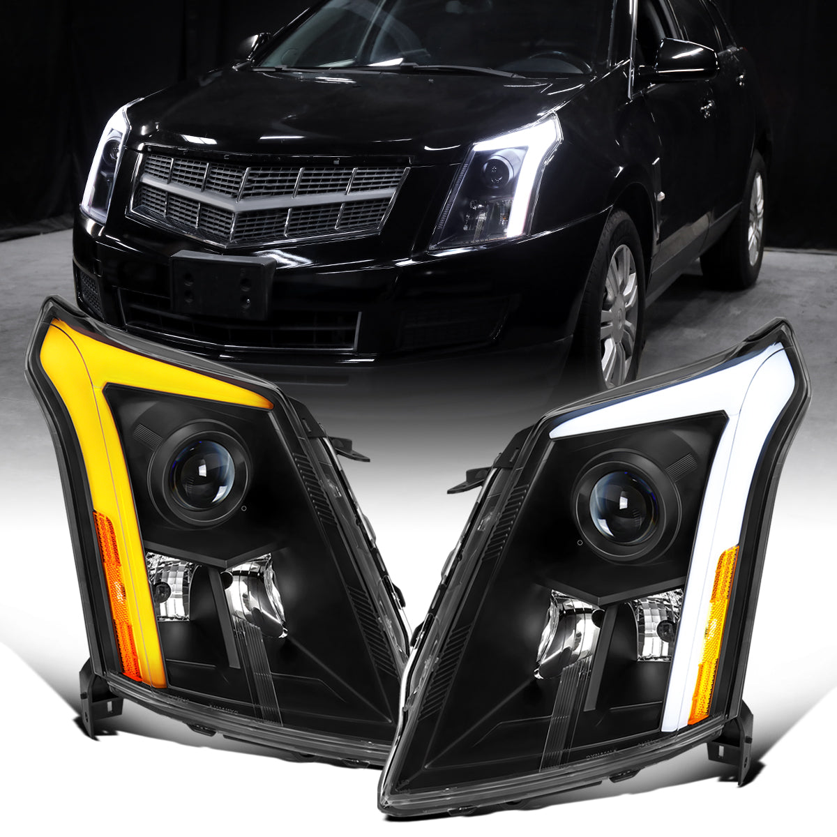 Ronnin - Fits 2010-2016 Cadillac SRX Projector Headlights LED Tube Switchback Sequential Turn Signals + Animated Startup Effect Parking Assembly Pair | Black