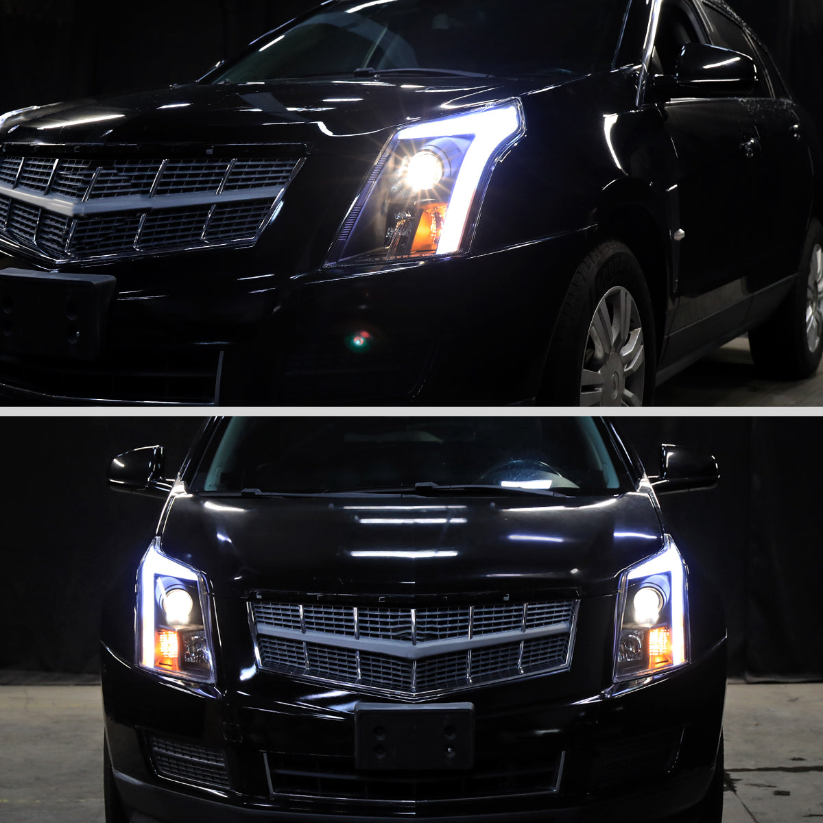 Ronnin - Fits 2010-2016 Cadillac SRX Projector Headlights LED Tube Switchback Sequential Turn Signals + Animated Startup Effect Parking Assembly Pair | Black Smoke