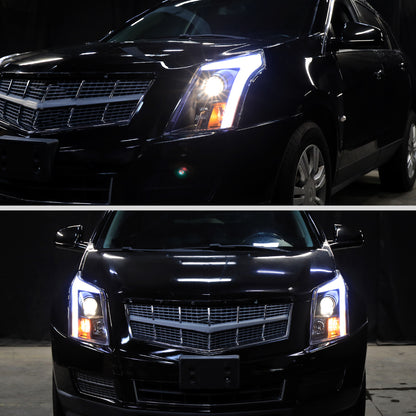 Ronnin - Fits 2010-2016 Cadillac SRX Projector Headlights LED Tube Switchback Sequential Turn Signals + Animated Startup Effect Parking Assembly Pair | Black Smoke