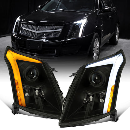 Ronnin - Fits 2010-2016 Cadillac SRX Projector Headlights LED Tube Switchback Sequential Turn Signals + Animated Startup Effect Parking Assembly Pair | Black Smoke