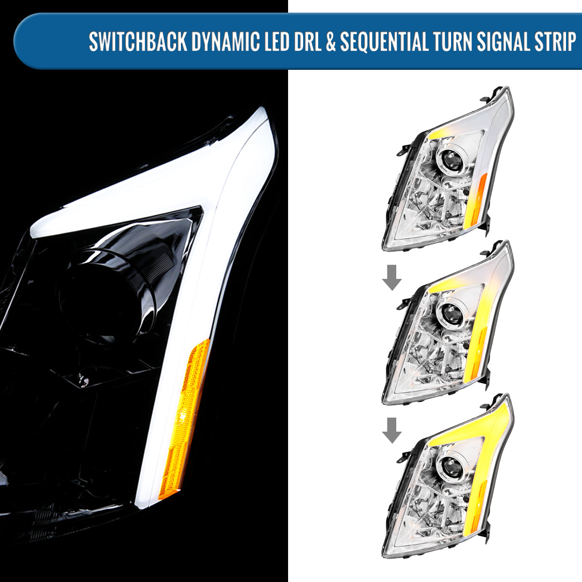 Ronnin - Fits 2010-2016 Cadillac SRX Projector Headlights LED Tube Switchback Sequential Turn Signals + Animated Startup Effect Parking Assembly Pair | Chrome