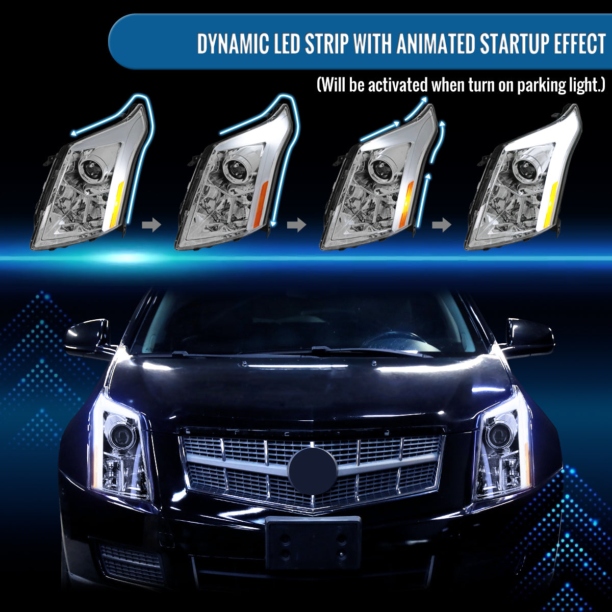 Ronnin - Fits 2010-2016 Cadillac SRX Projector Headlights LED Tube Switchback Sequential Turn Signals + Animated Startup Effect Parking Assembly Pair | Chrome