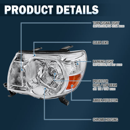Ronnin - Se adapta a la pareja de montaje de faros delanteros tipo proyector de camiones Toyota Tacoma 2005-2011 | Cromo