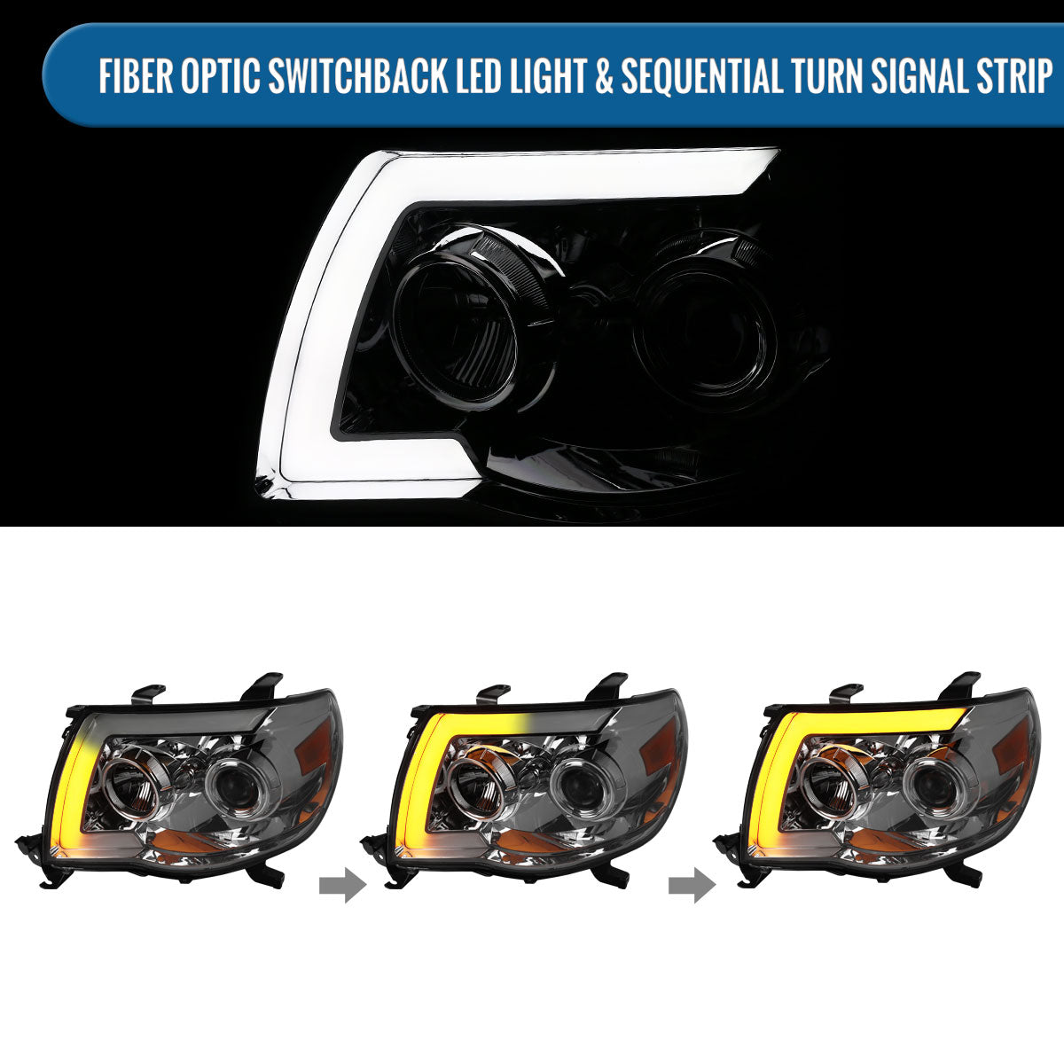 Ronnin - Fits 2005-2011 Toyota Tacoma Pickup Truck LED Switchback Sequential Turn Signals Projector Headlights Assembly Pair | Smoke