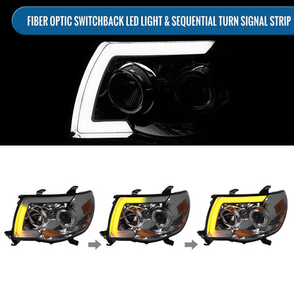 Ronnin - Fits 2005-2011 Toyota Tacoma Pickup Truck LED Switchback Sequential Turn Signals Projector Headlights Assembly Pair | Smoke