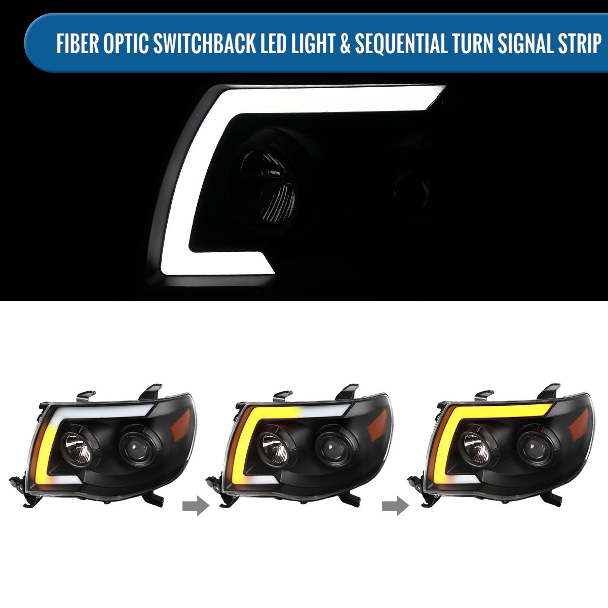 Ronnin - Fits 2005-2011 Toyota Tacoma Pickup Truck LED Switchback Sequential Turn Signals Projector Headlights Assembly Pair | Black