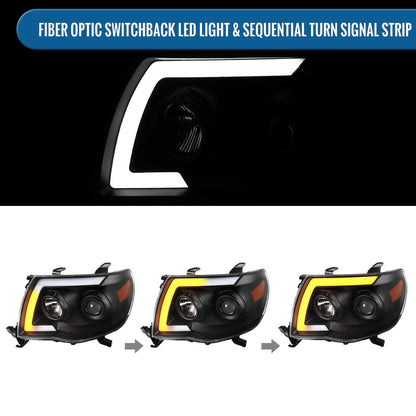 Ronnin - Fits 2005-2011 Toyota Tacoma Pickup Truck LED Switchback Sequential Turn Signals Projector Headlights Assembly Pair | Black