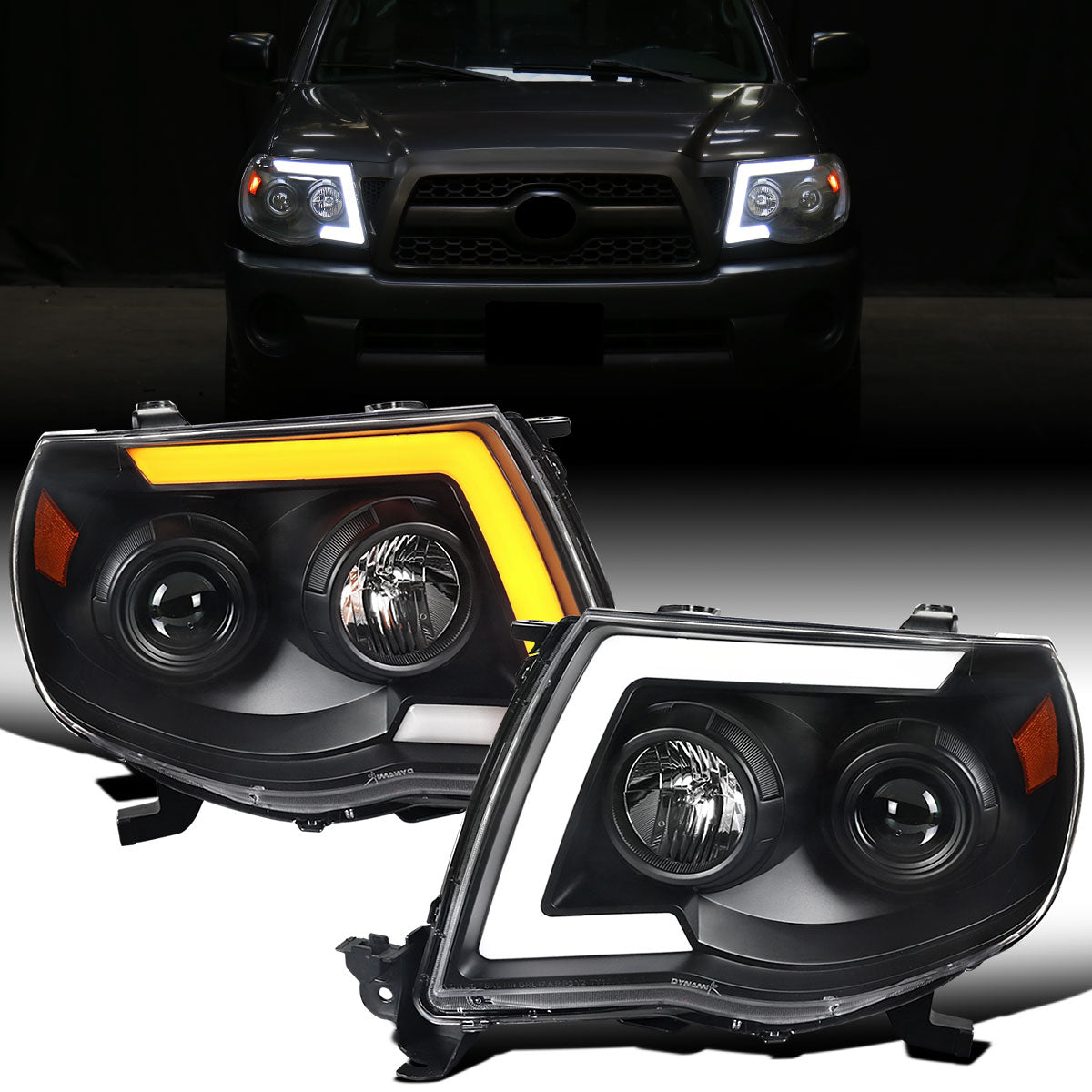 Ronnin - Fits 2005-2011 Toyota Tacoma Pickup Truck LED Switchback Sequential Turn Signals Projector Headlights Assembly Pair | Black