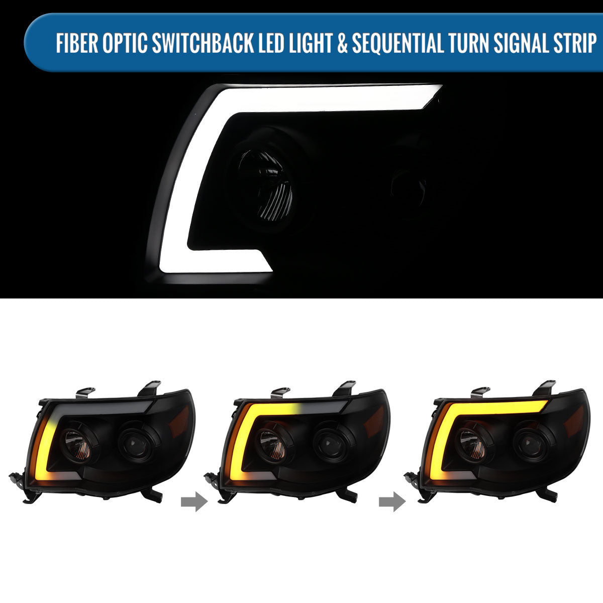 Ronnin - Fits 2005-2011 Toyota Tacoma Pickup Truck LED Switchback Sequential Turn Signals Projector Headlights Assembly Pair | Black Smoke