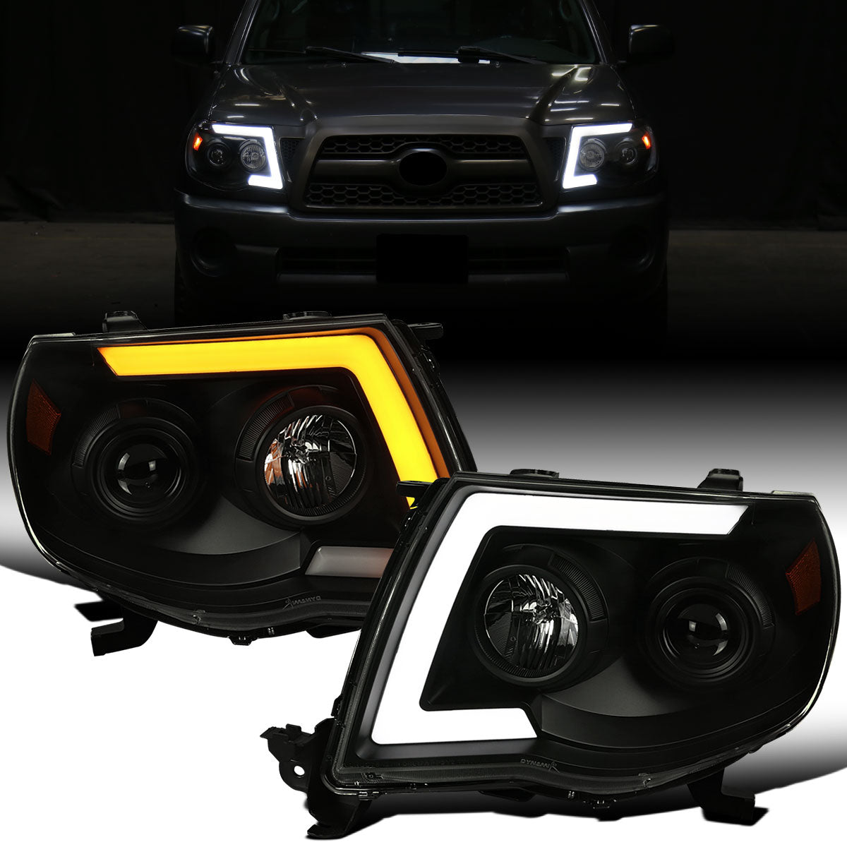 Ronnin - Fits 2005-2011 Toyota Tacoma Pickup Truck LED Switchback Sequential Turn Signals Projector Headlights Assembly Pair | Black Smoke