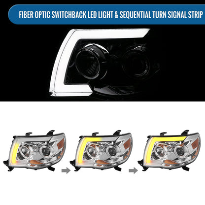 Ronnin - Fits 2005-2011 Toyota Tacoma Pickup Truck LED Switchback Sequential Turn Signals Projector Headlights Assembly Pair | Chrome