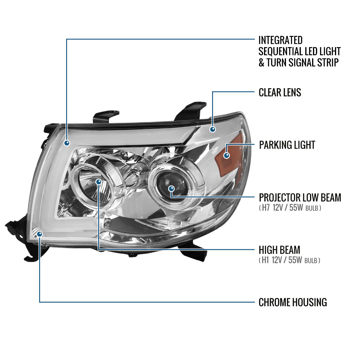 Ronnin - Fits 2005-2011 Toyota Tacoma Pickup Truck LED Switchback Sequential Turn Signals Projector Headlights Assembly Pair | Chrome