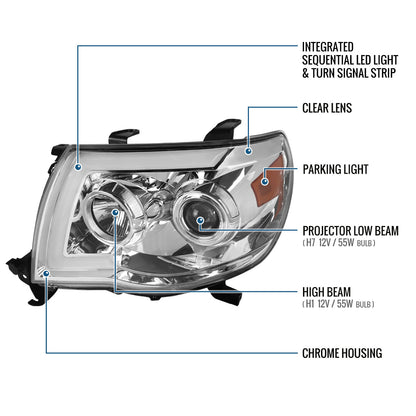 Ronnin - Fits 2005-2011 Toyota Tacoma Pickup Truck LED Switchback Sequential Turn Signals Projector Headlights Assembly Pair | Chrome