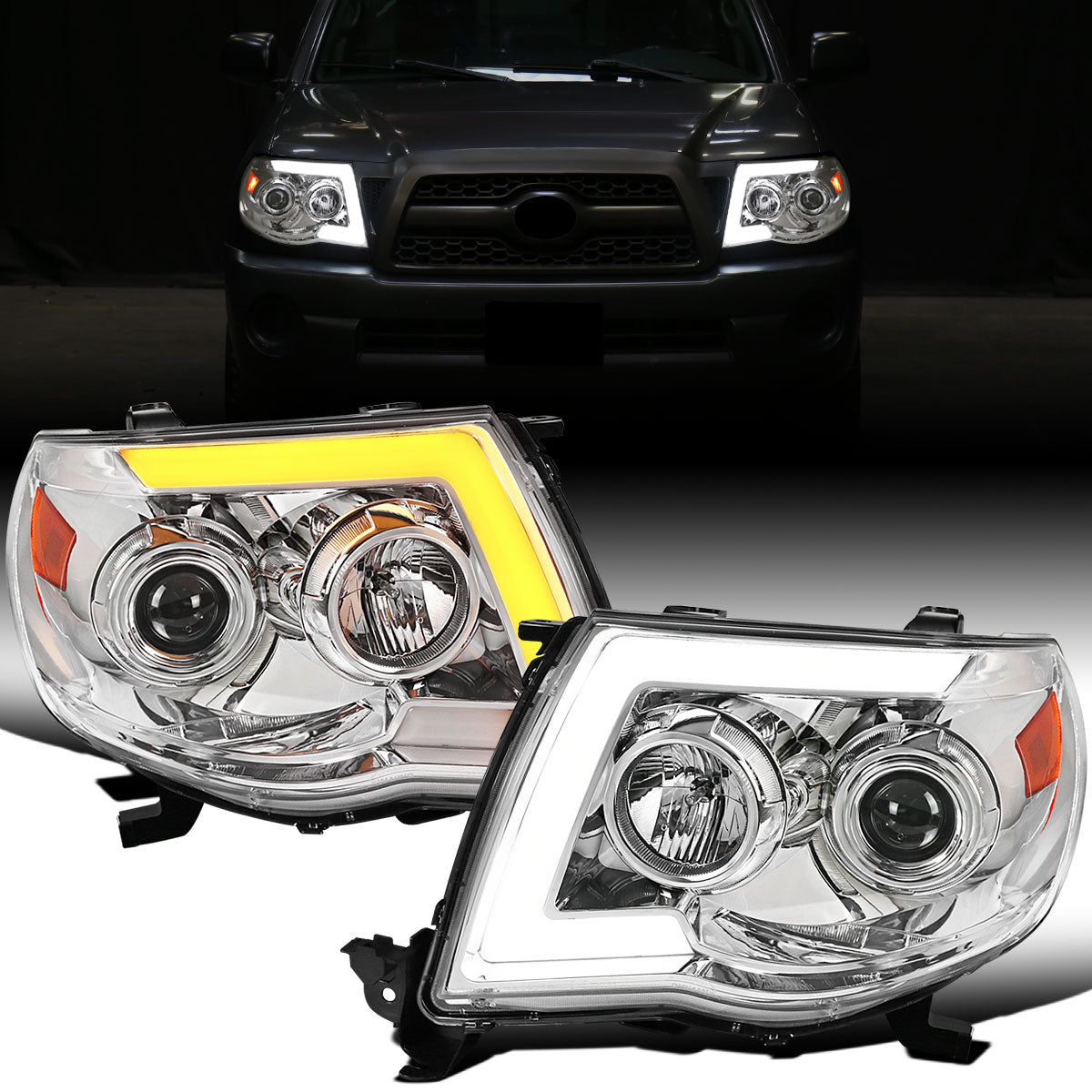 Ronnin - Fits 2005-2011 Toyota Tacoma Pickup Truck LED Switchback Sequential Turn Signals Projector Headlights Assembly Pair | Chrome