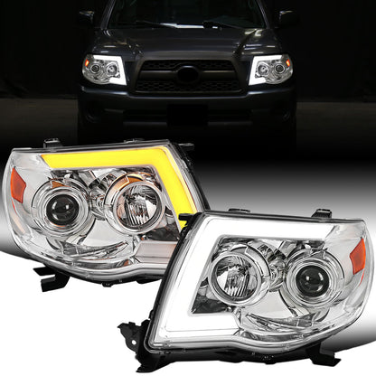Ronnin - Fits 2005-2011 Toyota Tacoma Pickup Truck LED Switchback Sequential Turn Signals Projector Headlights Assembly Pair | Chrome