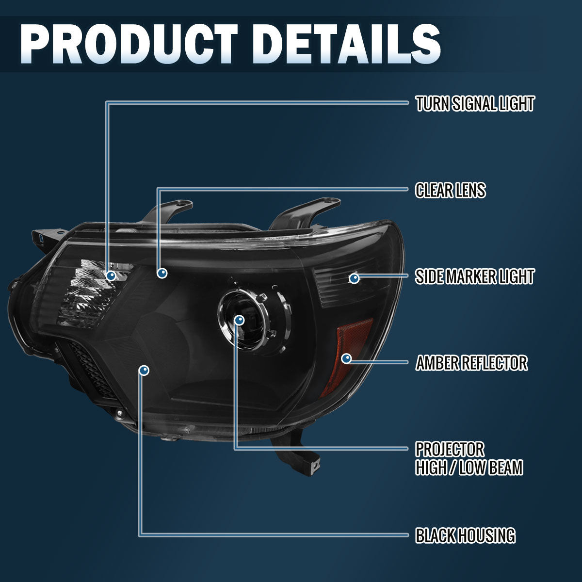 Ronnin - Conjunto de repuesto de faros delanteros con proyector halógeno para Toyota Tacoma 2012-2015, par | Negro