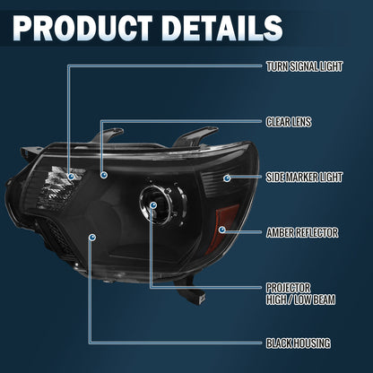 Ronnin - Conjunto de repuesto de faros delanteros con proyector halógeno para Toyota Tacoma 2012-2015, par | Negro