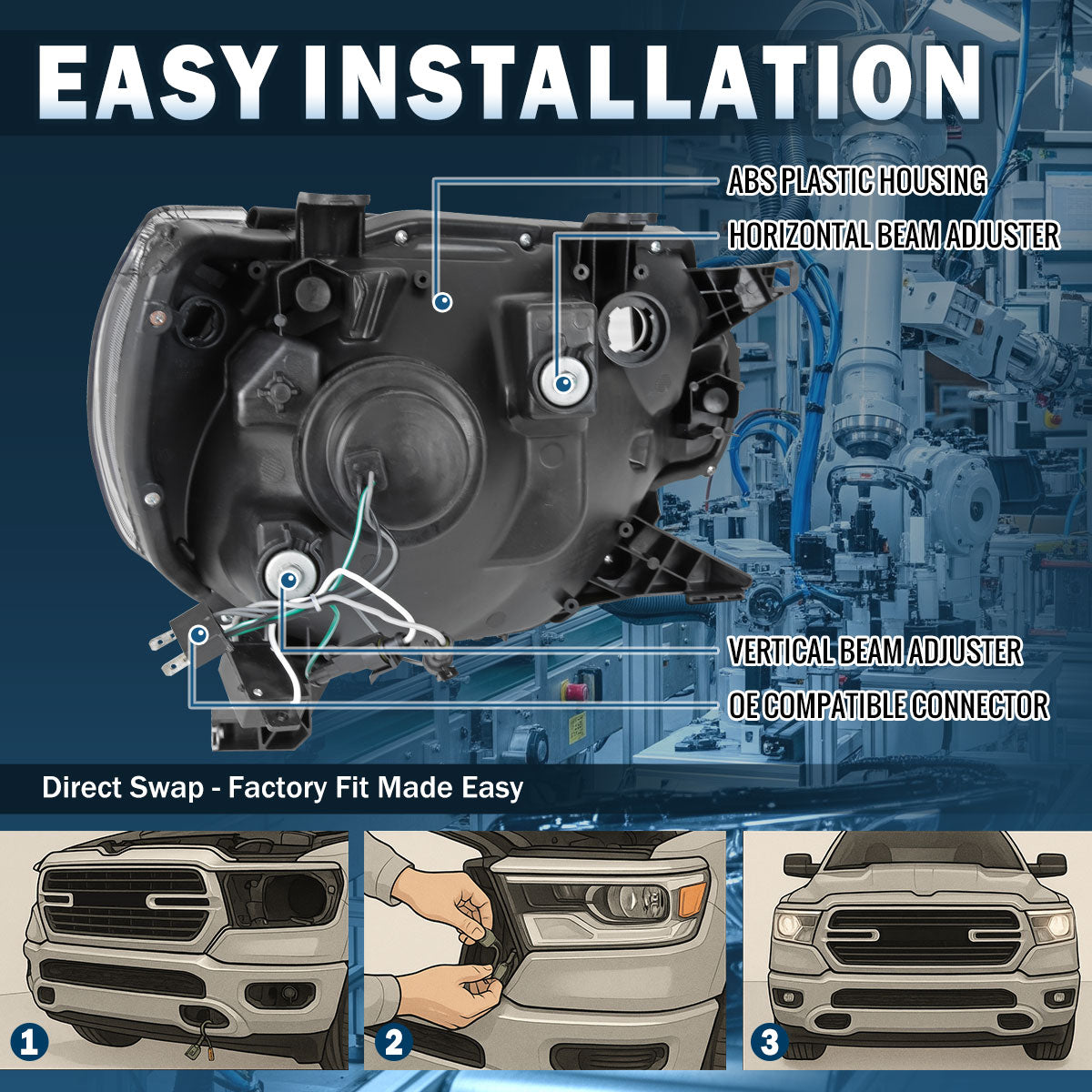 Ronnin - Conjunto de repuesto de faros delanteros con proyector halógeno para Toyota Tacoma 2012-2015, par | Negro