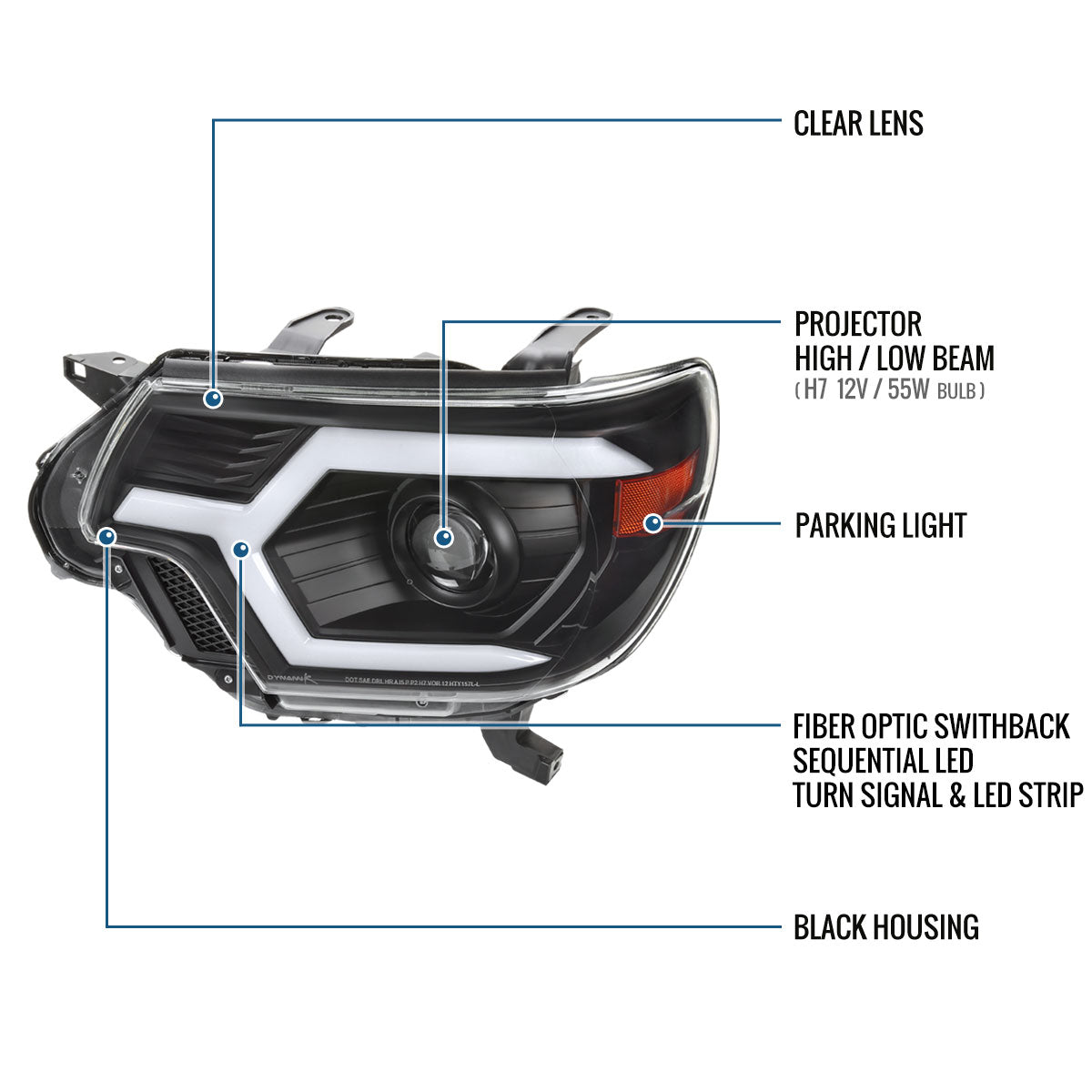 Ronnin - Fits 2012-2015 Toyota Tacoma LED Tube Running Lights Switchback Sequential Turn Signals Projector Headlights Assembly | Black