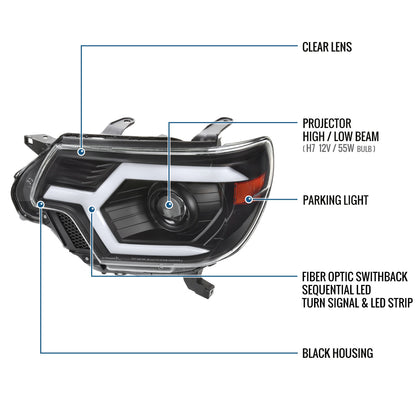 Ronnin - Fits 2012-2015 Toyota Tacoma LED Tube Running Lights Switchback Sequential Turn Signals Projector Headlights Assembly | Black