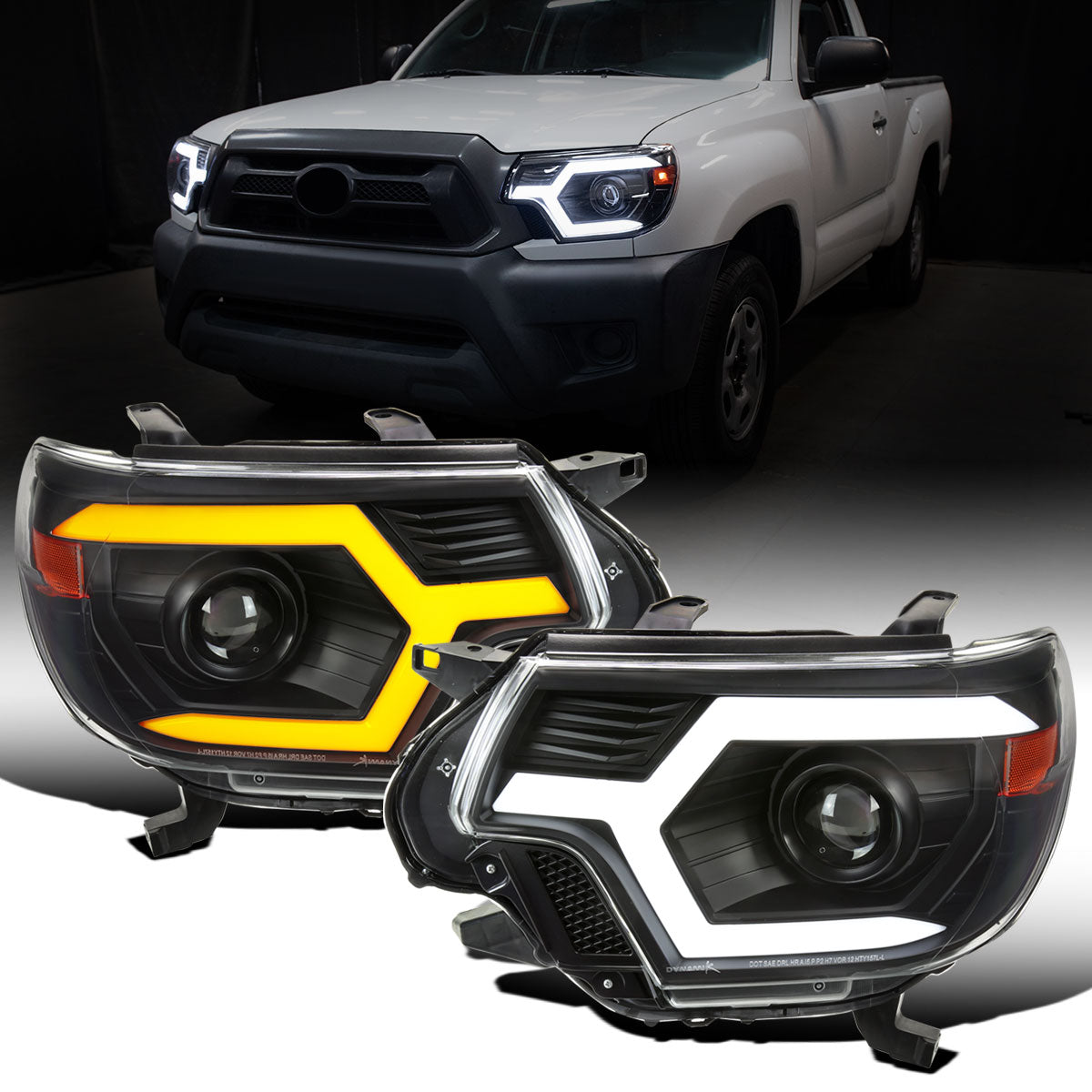 Ronnin - Fits 2012-2015 Toyota Tacoma LED Tube Running Lights Switchback Sequential Turn Signals Projector Headlights Assembly | Black