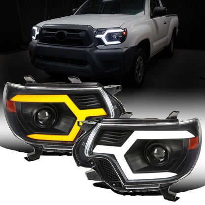 Ronnin - Fits 2012-2015 Toyota Tacoma LED Tube Running Lights Switchback Sequential Turn Signals Projector Headlights Assembly | Black